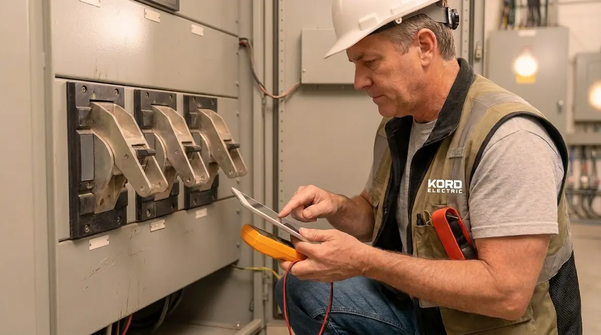 Technician performing maintenance in an electrical room to support NFPA 70 compliance