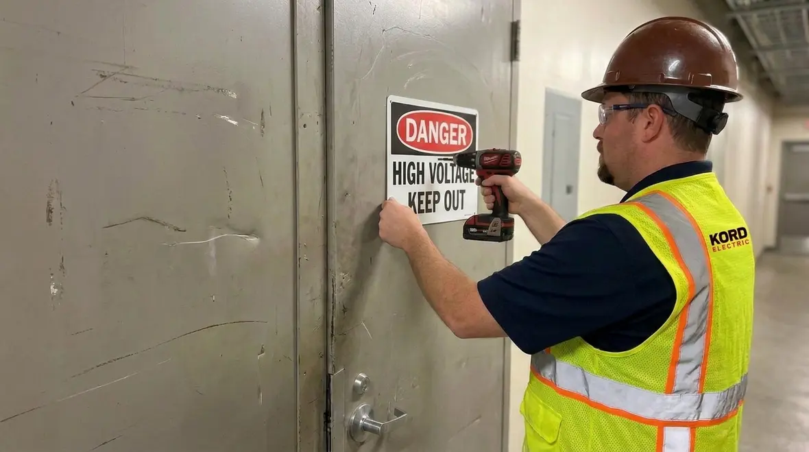 Kord Electric technician documenting electrical room warning labels