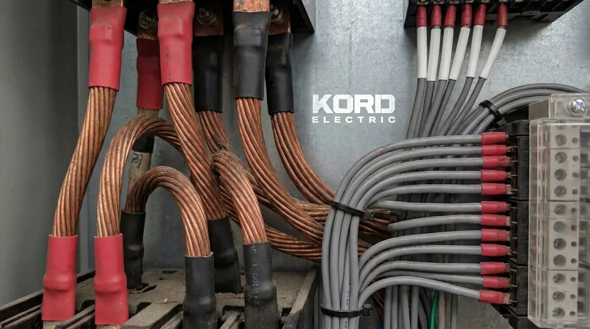 Close-up of an NEC-compliant MCC nameplate and conductor terminations