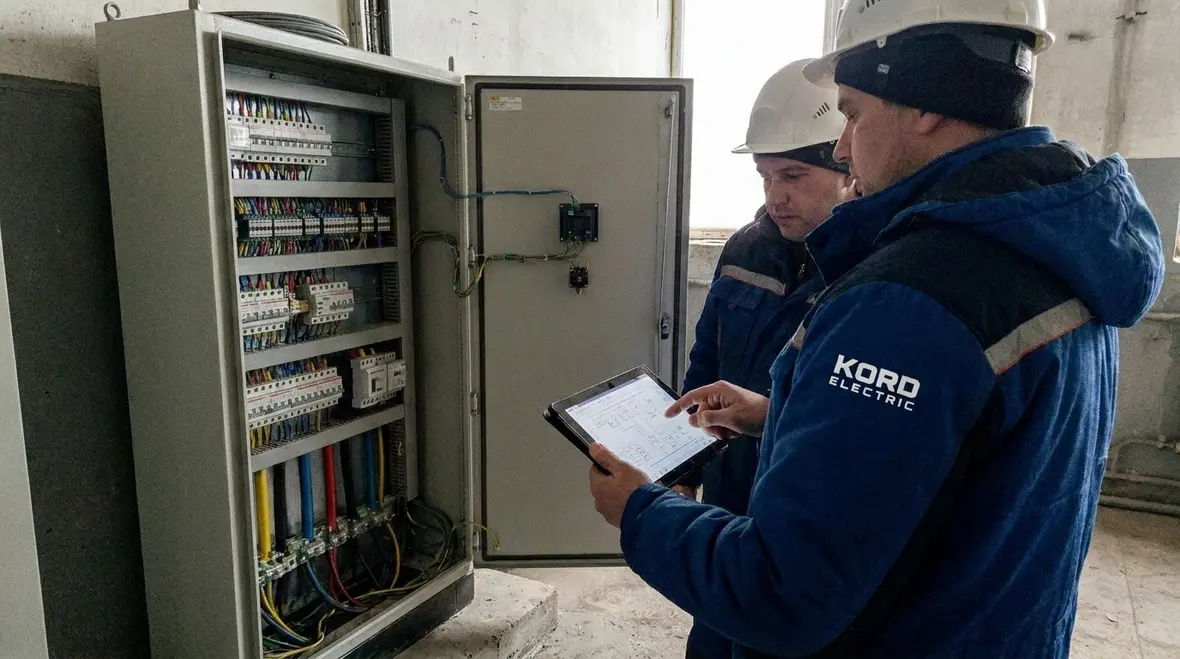 Technicians coordinating MCC surge protection installation