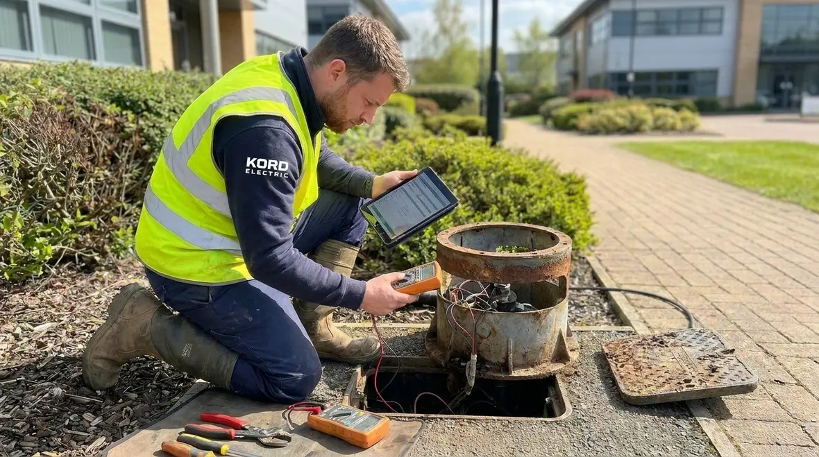 Technician inspecting irrigation collector ring wiring for NFPA 70 compliance