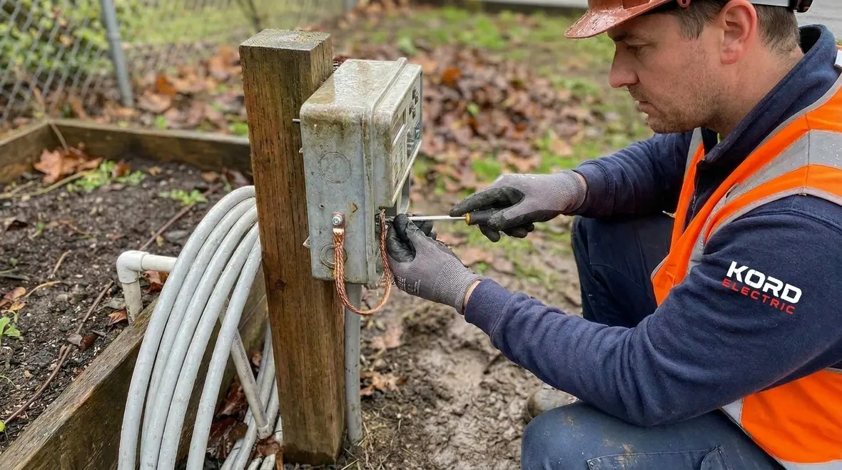 Technician reviewing NEC 675.13 irrigation grounding plans at an equipment room