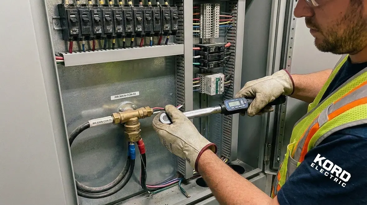 Kord Electric technicians performing NEC-aligned irrigation wiring checks