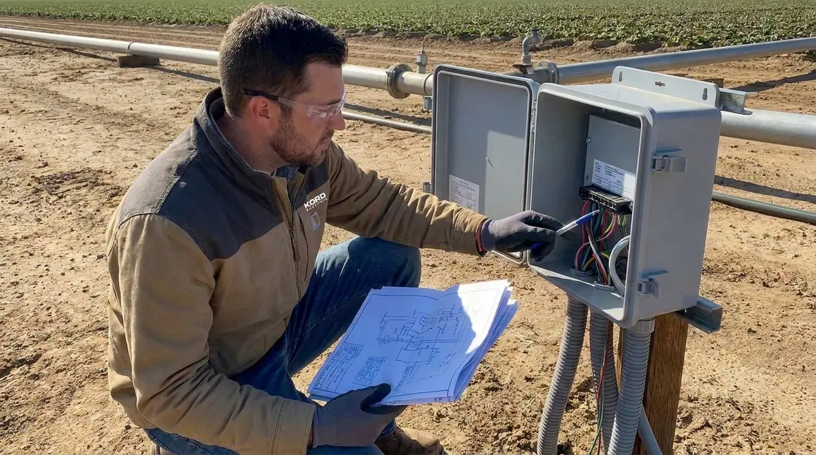 Technician reviewing NFPA 70 Section 675.1 irrigation system wiring layout