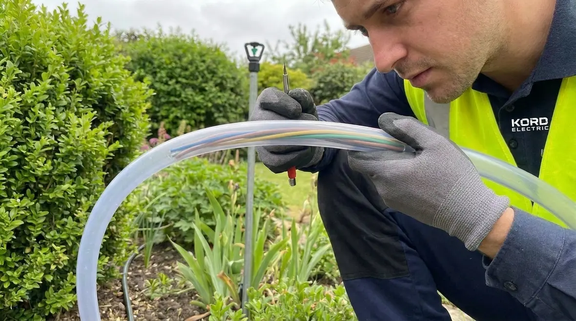 Technician reviewing conduit fill for irrigation circuits