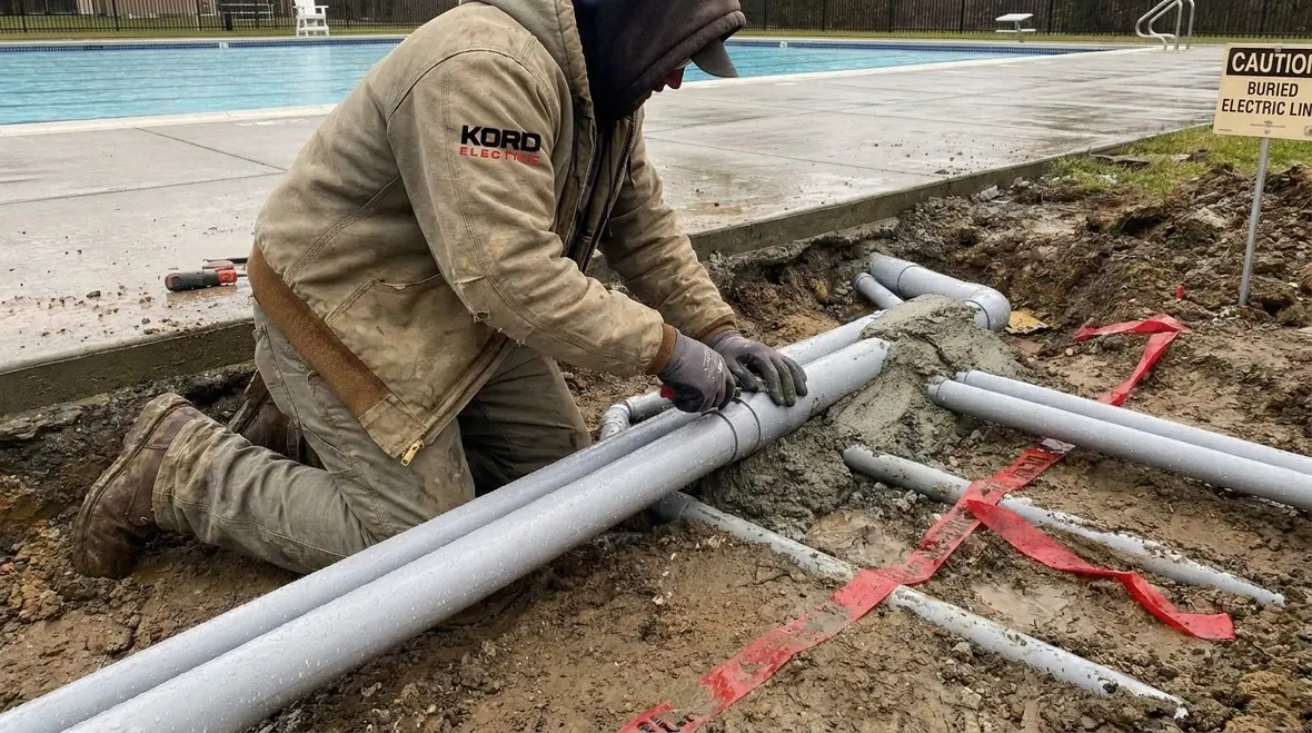 Technician reviewing NFPA 70 Section 680.11 pool underground wiring layout
