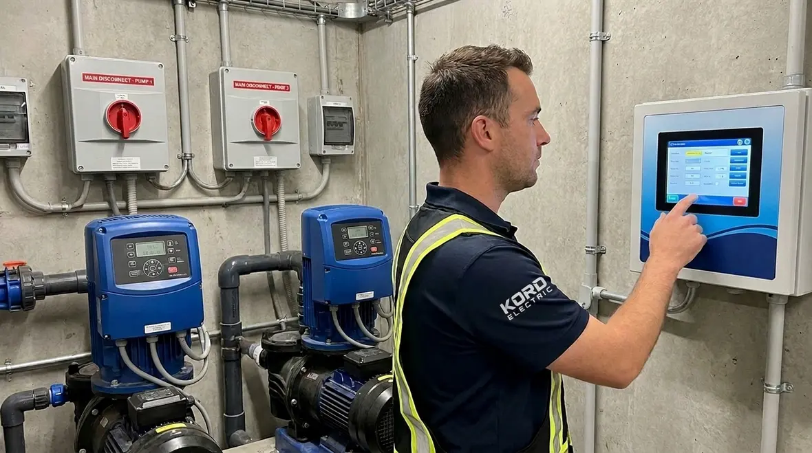 Technician testing a pool maintenance disconnect in an equipment room