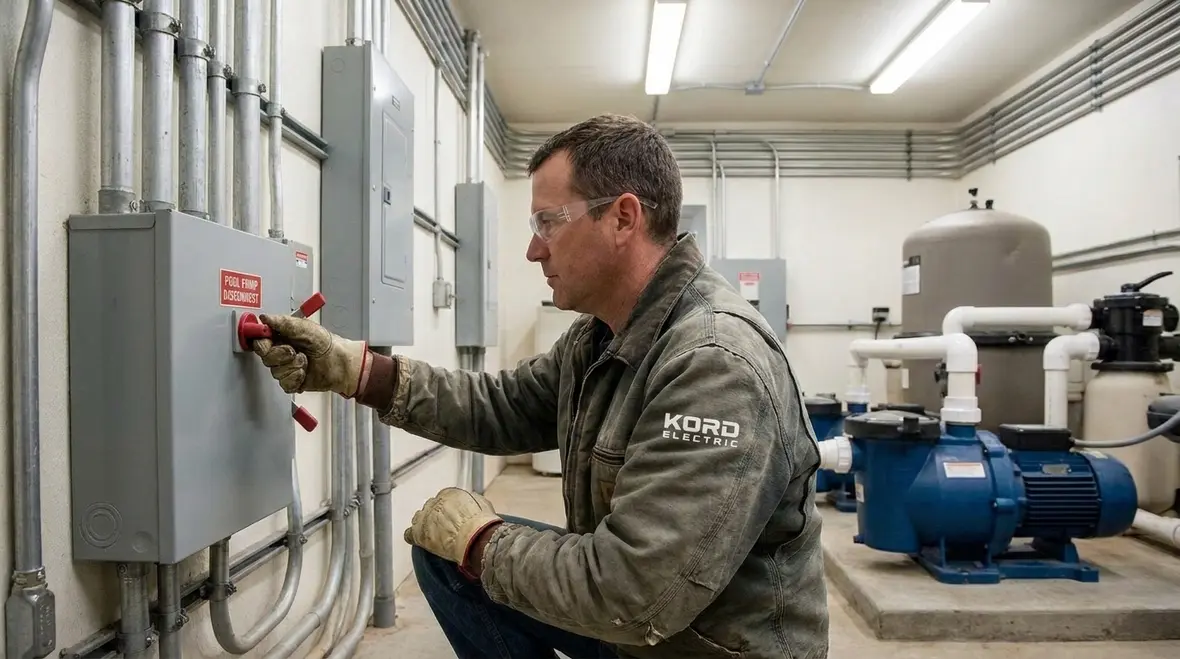 Pool equipment maintenance disconnect in a commercial facility
