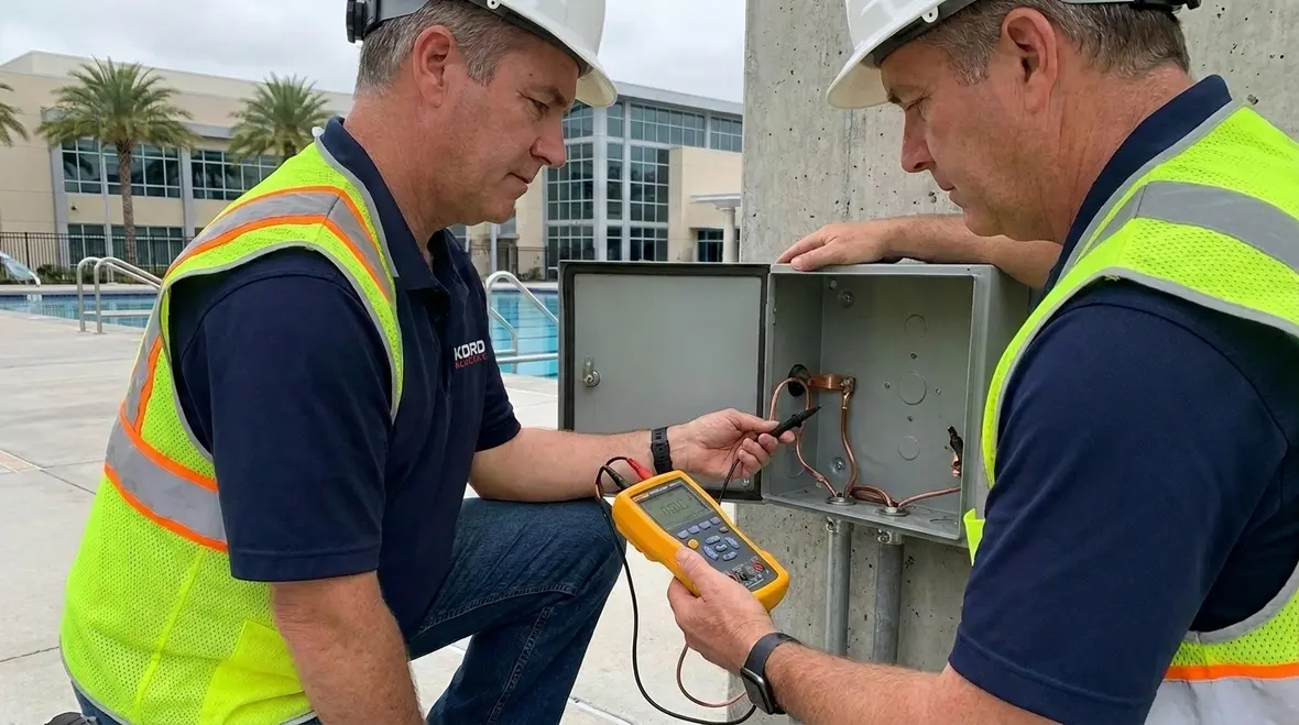Inspector reviewing pool electrical bonding and grounding connections