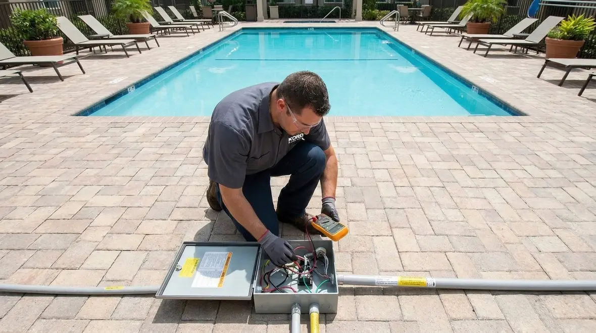 Commercial pool electrical equipment being inspected for NEC and NFPA 70 compliance