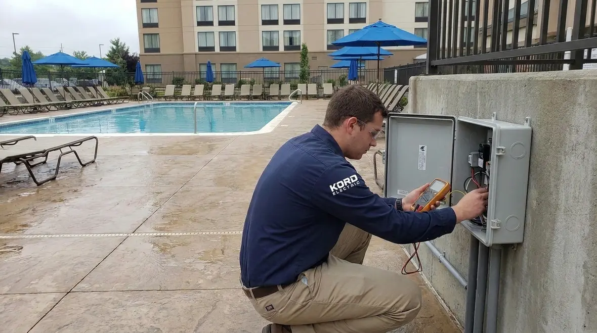 Commercial pool lighting receptacles installed to meet NEC pool area requirements