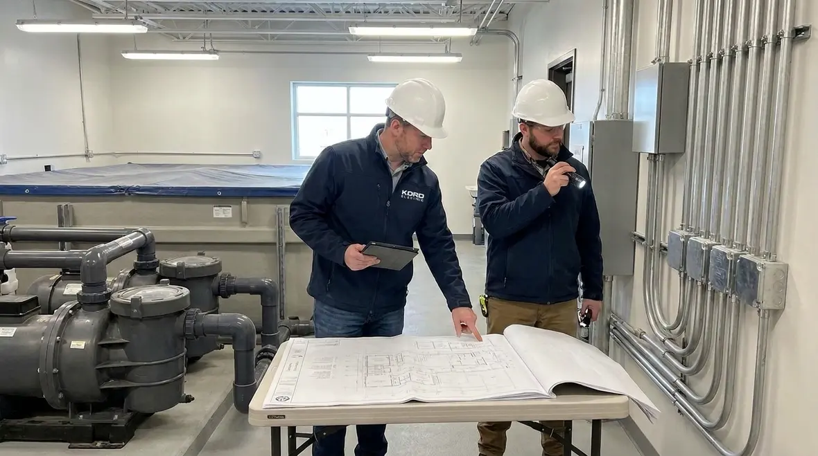 Technician reviewing pool electrical disconnects and bonding layout at a commercial facility