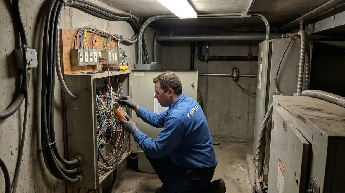 Technician testing spa GFCI protection on commercial electrical panel
