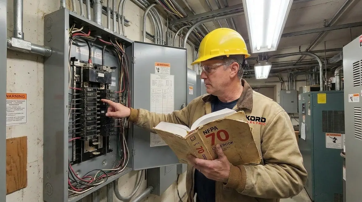 Technicians reviewing NFPA 70 code requirements for commercial spa installations