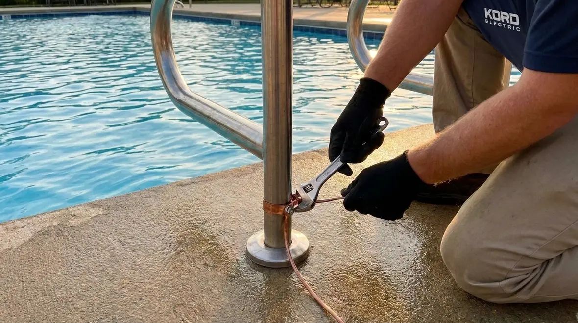 Technician checking bonding and grounding near a wading pool