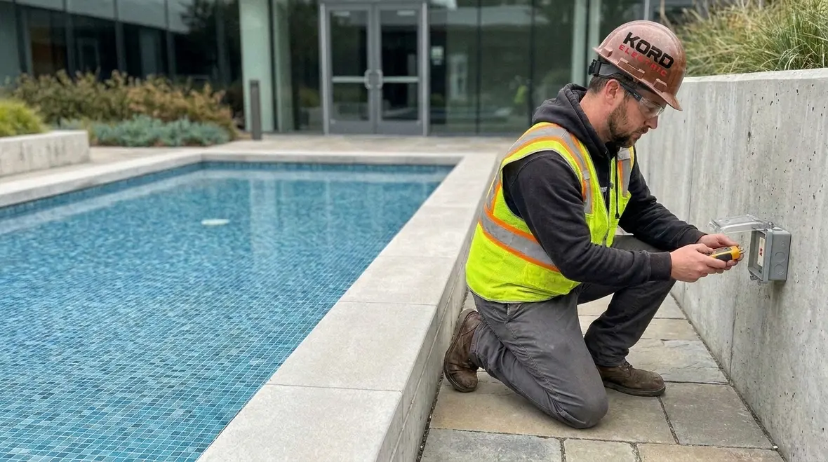 Commercial wading pool electrical equipment inspected for NEC and GFCI compliance