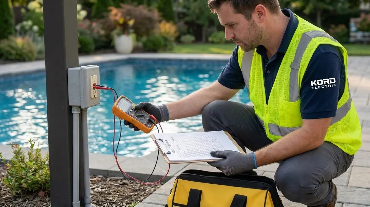 Technician testing GFCI protection on a commercial wading pool circuit