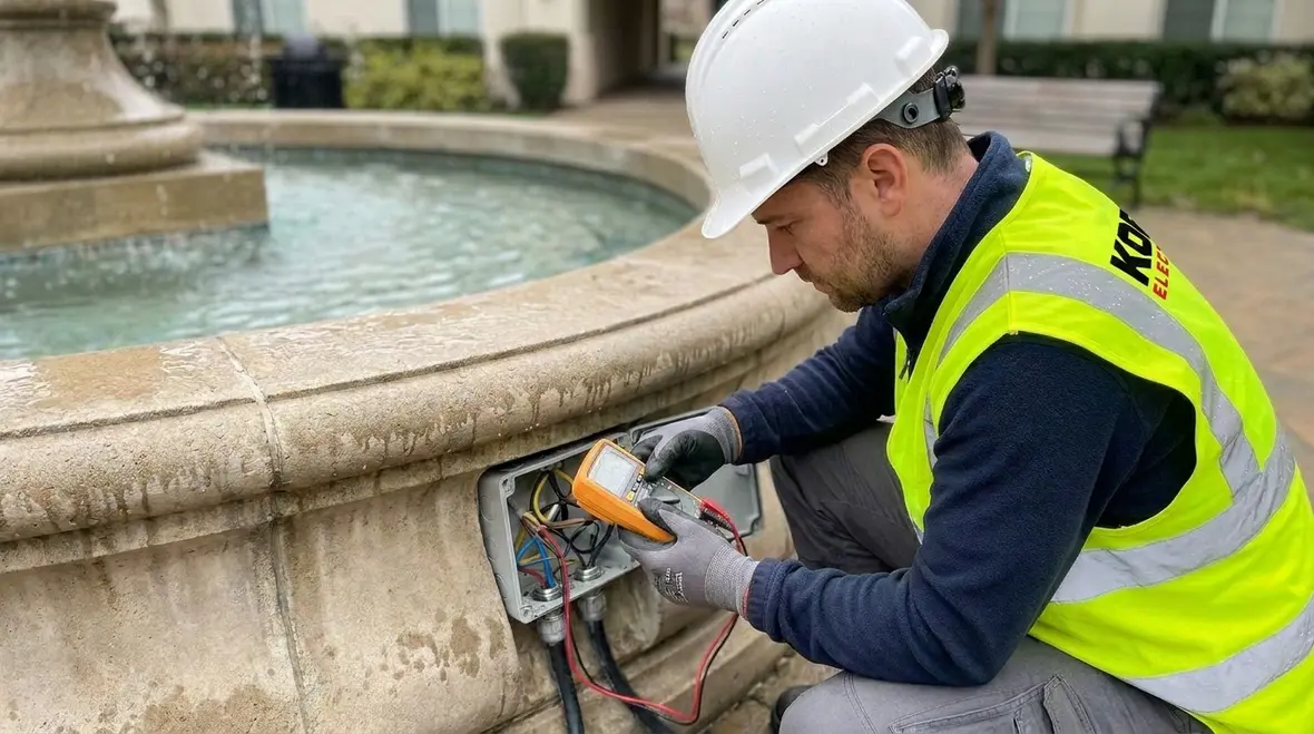 Technician inspecting NEC-compliant outdoor fountain electrical equipment