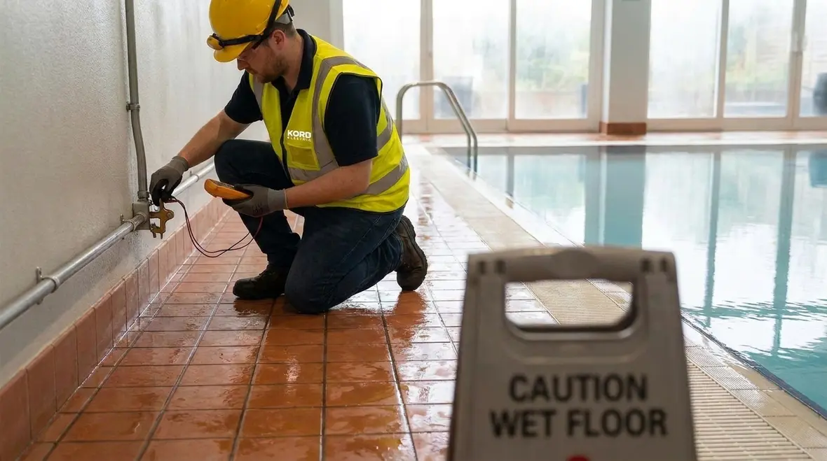 Inspector reviewing pool electrical bonding and grounding connections