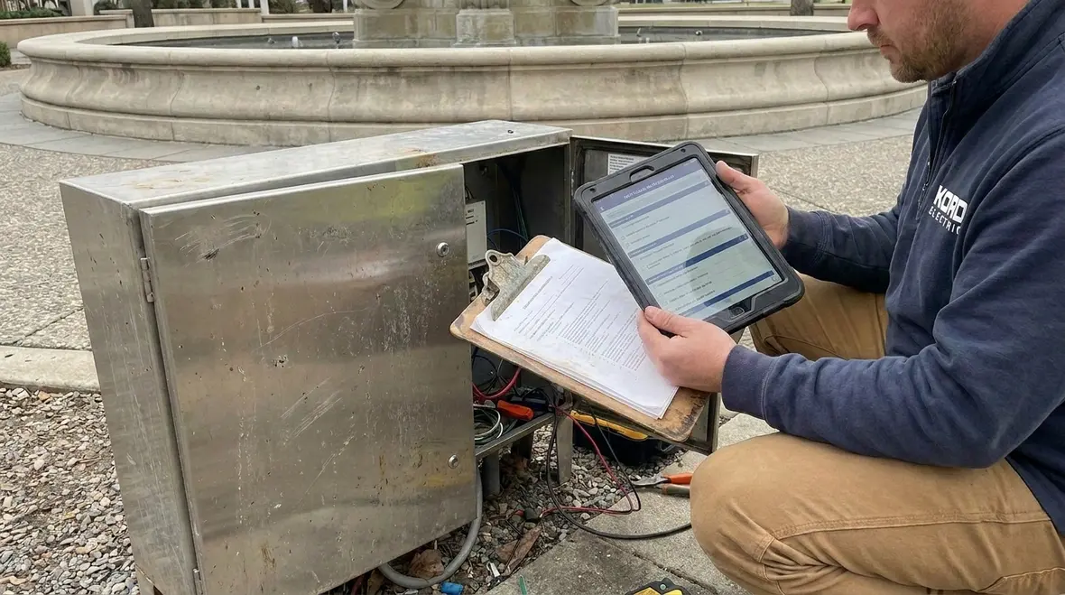 Close-up of wet location wiring methods at a fountain junction box