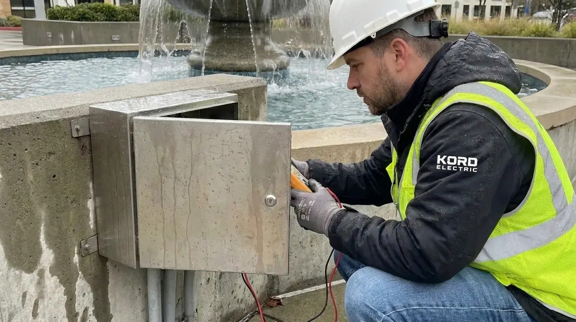 Technician inspecting NEC Article 680 fountain junction box installation