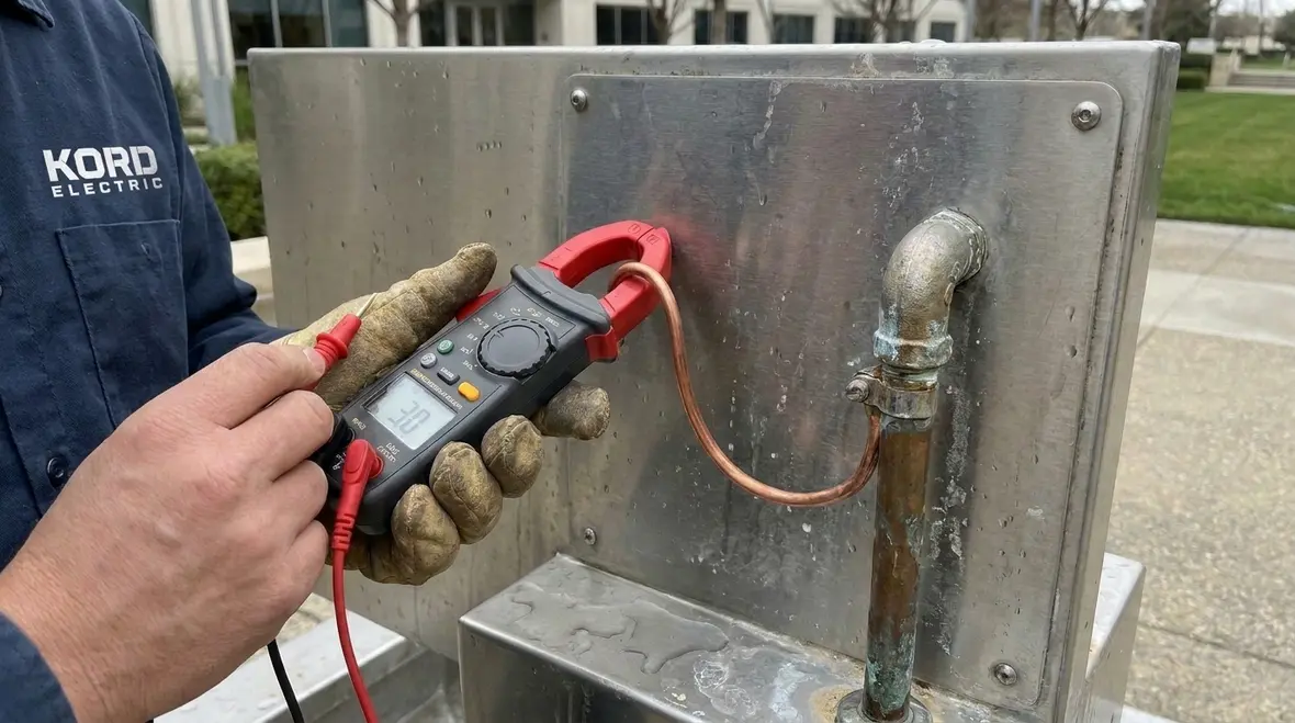 Fountain structure with bonded and grounded metallic sections