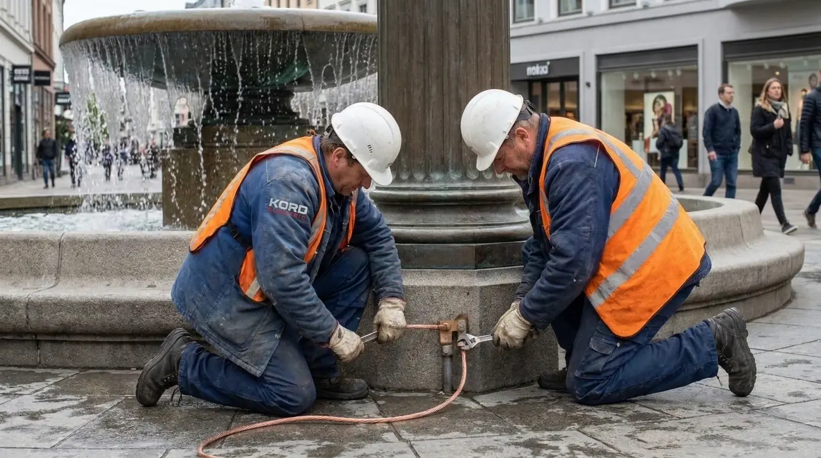 Technician inspecting fountain equipment grounding and bonding connections
