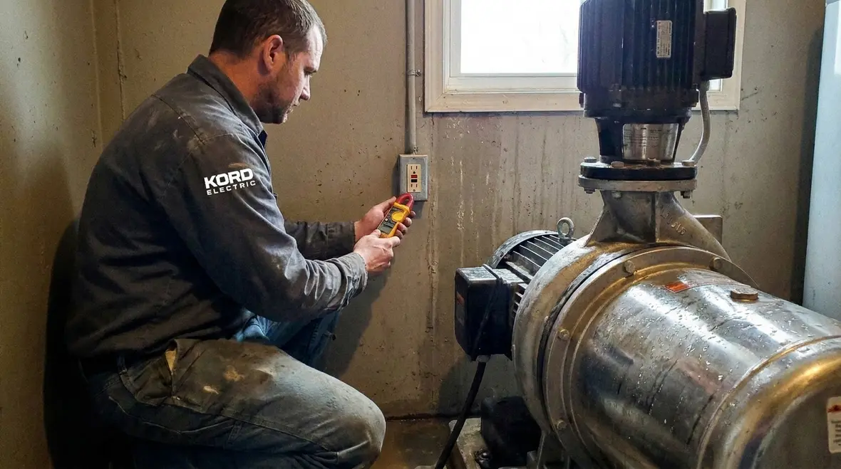 Electrician testing GFCI protection on a nonsubmersible pump circuit
