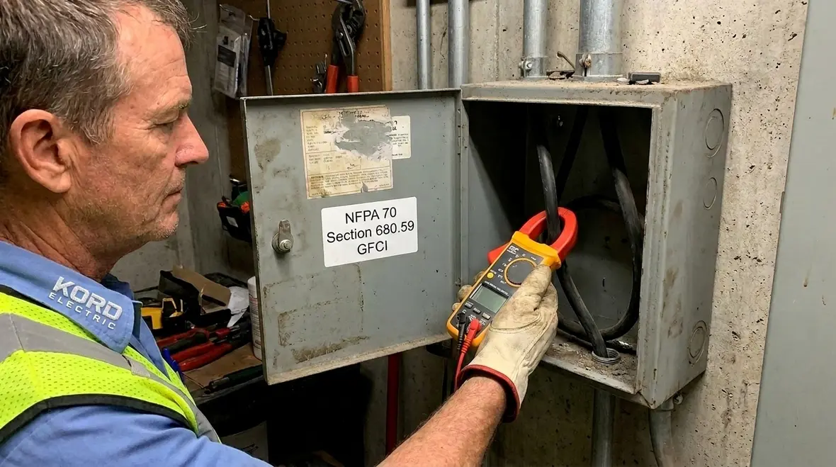 Technician reviewing NFPA 70 Section 680.59 nonsubmersible pump GFCI installation