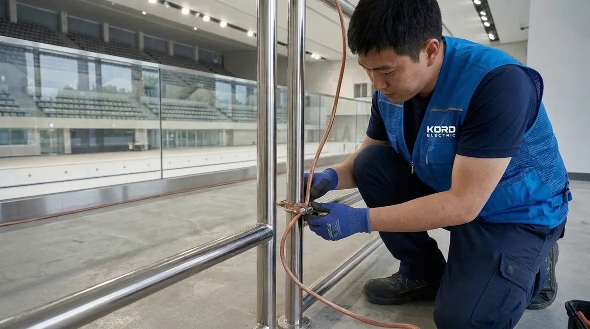 Bonding conductors installed near a spectator tub in a large commercial facility