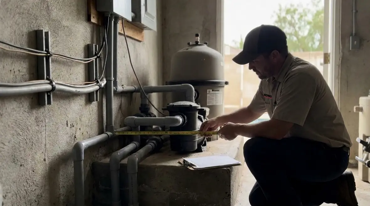 Kord Electric technicians reviewing pool conductor routing plan