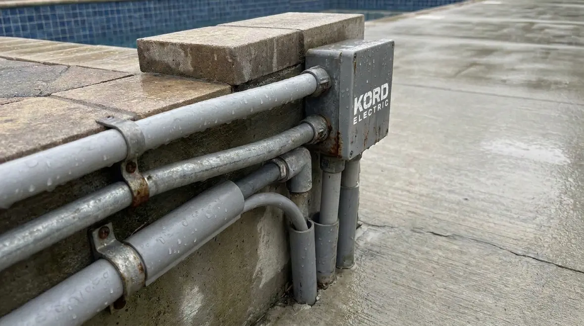 Close view of pool conductors routed with proper NEC clearances