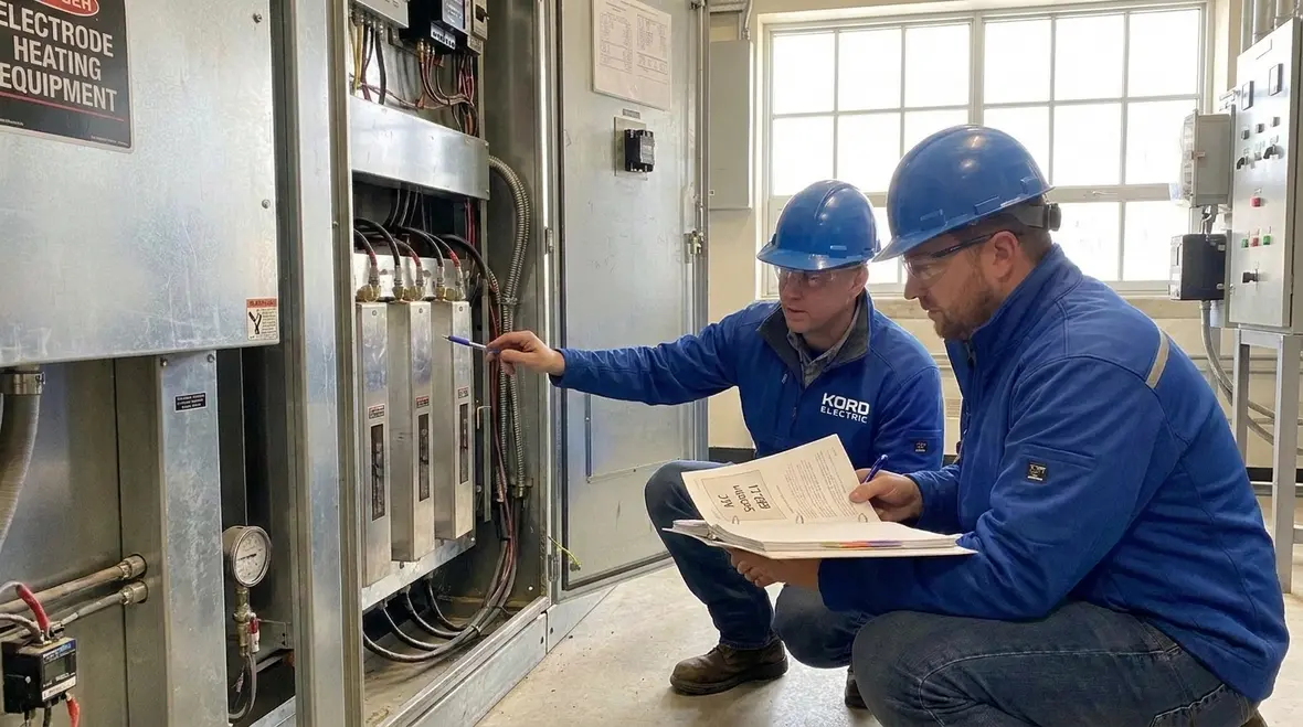 Technician reviewing NEC Section 682.11 electrode heating distribution location layout