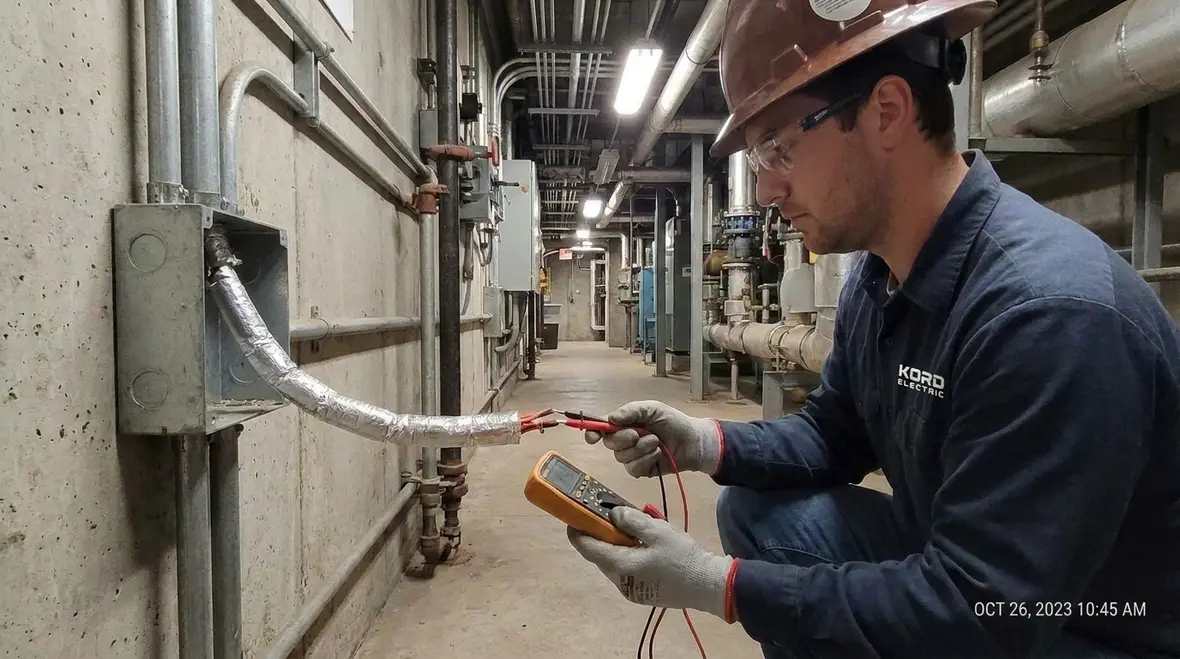 Commissioning team verifying NEC 682.13 compliance for electrode heating wiring