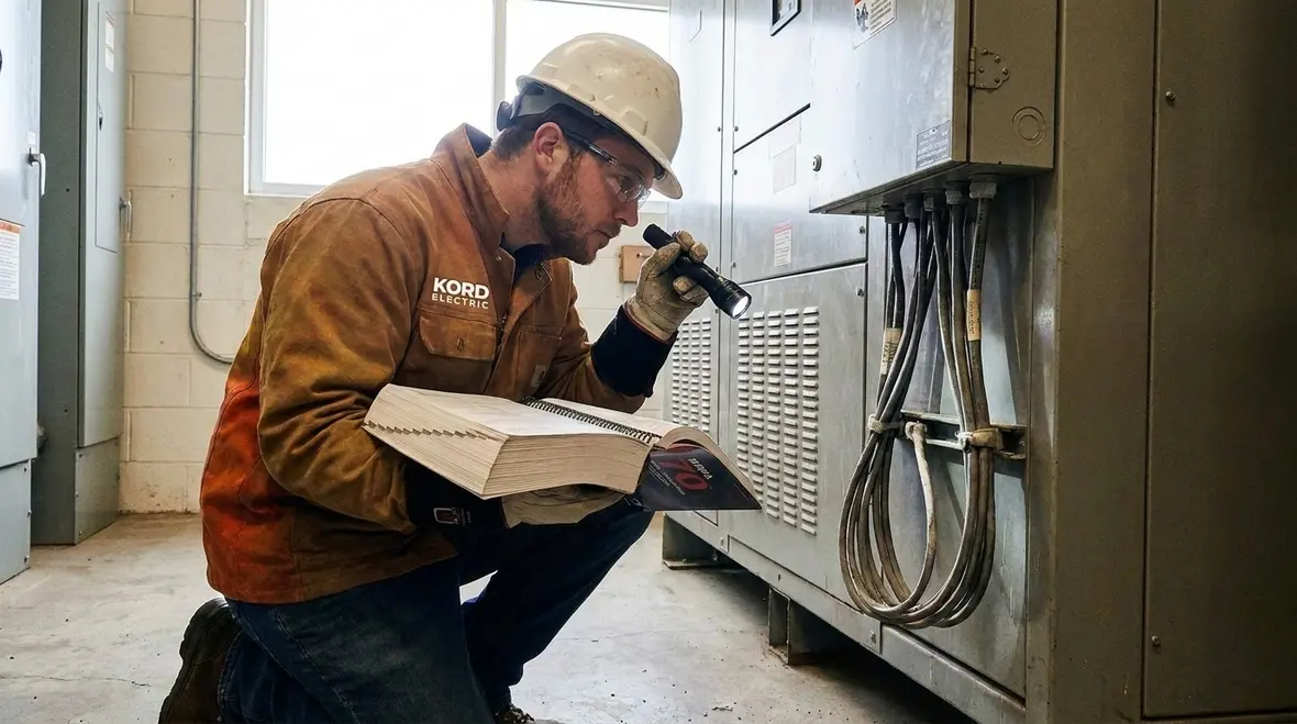 Technician reviewing NFPA 70 Section 682.1 electrode heating scope requirements in a commercial facility