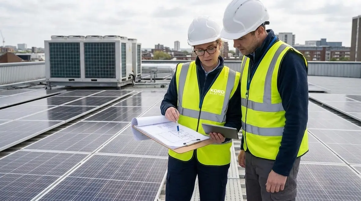 Engineers reviewing PV one-line diagrams with arc-fault protection strategy
