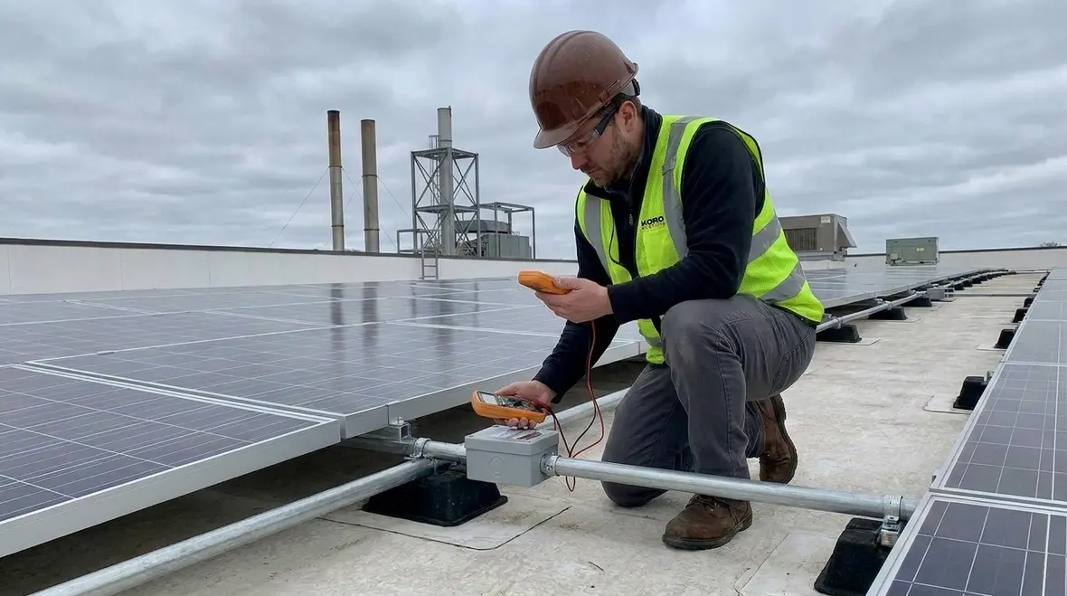 Technician inspecting PV array for NEC Section 690.11 PV arc-fault protection compliance