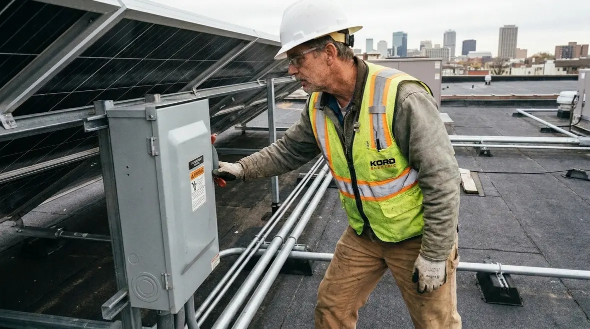 Technician reviewing PV disconnect placement, accessibility, and labeling on a commercial solar project