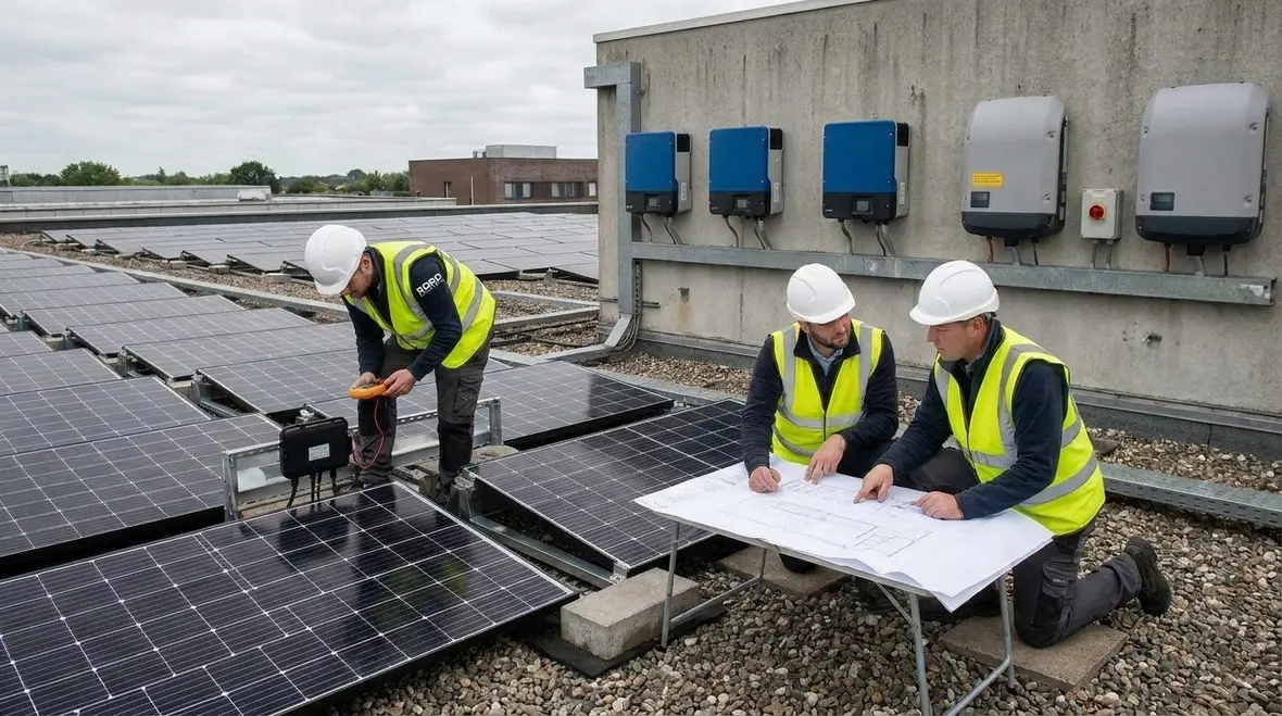 Commercial rooftop PV installation being reviewed for NEC Section 690.2 PV equipment listing compliance