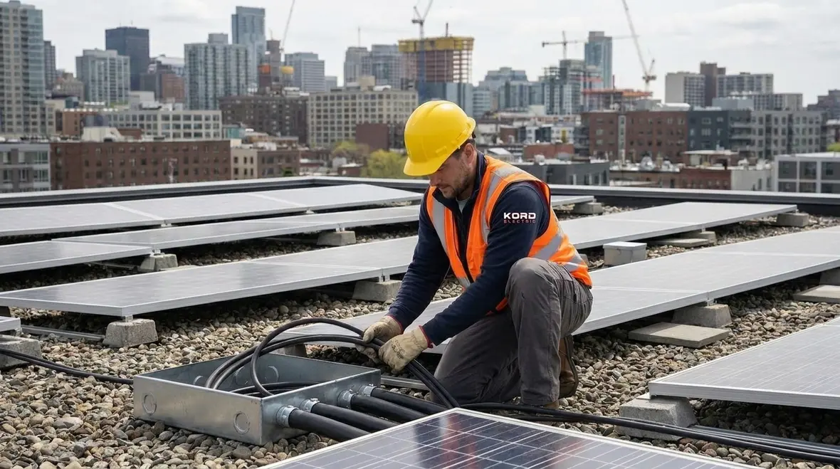 Electrician reviewing NEC Section 690.31 PV wiring methods on a commercial rooftop