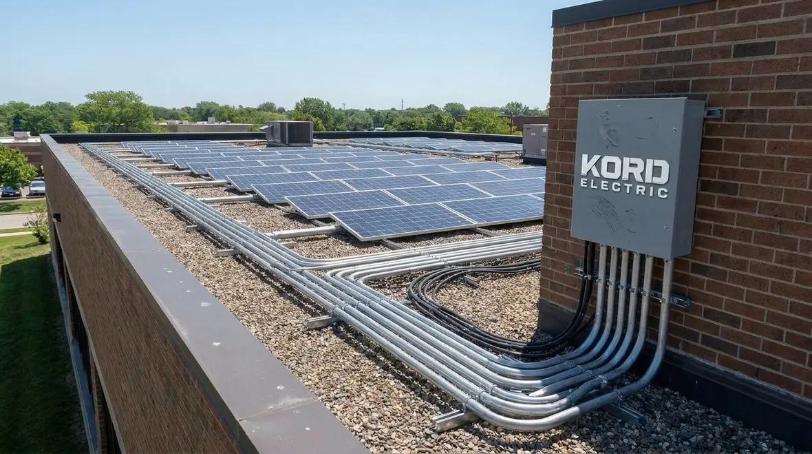 Planned NEC-compliant PV wiring routes across a commercial rooftop