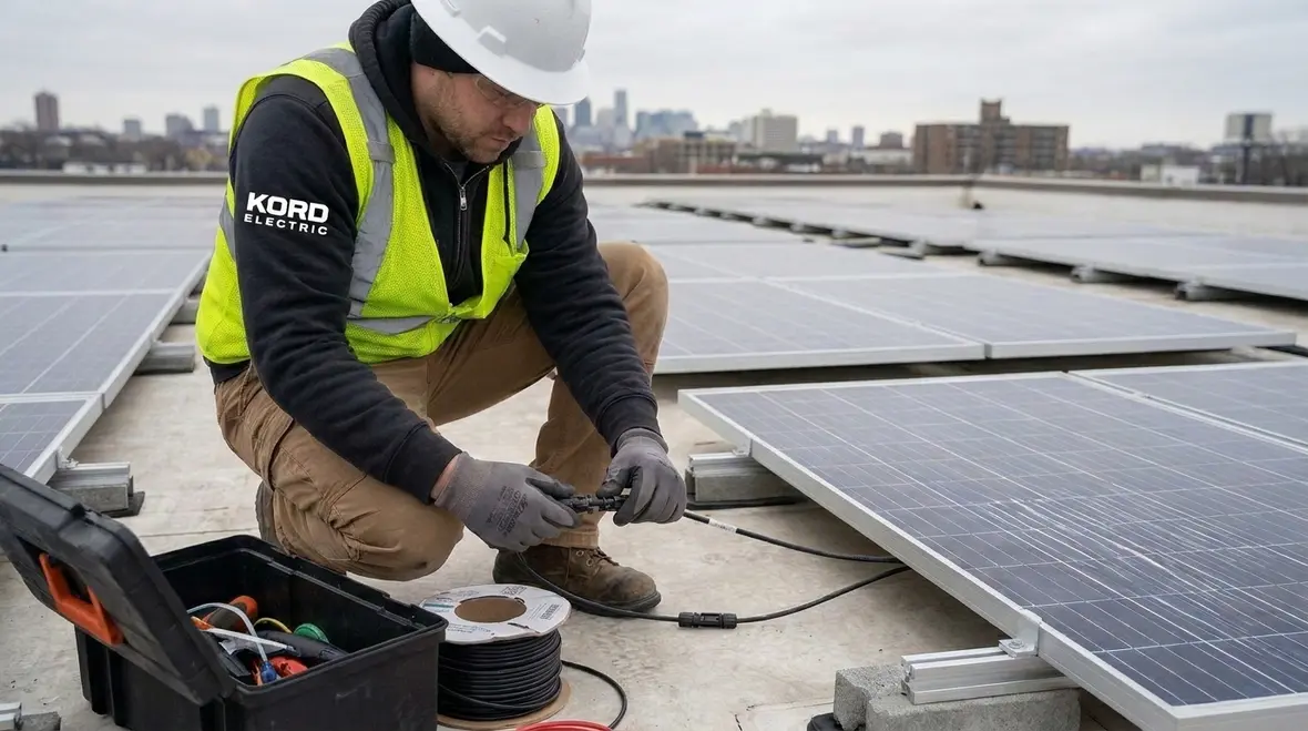 Commercial PV array with NEC Section 690.33 PV mating connectors installed neatly on a rooftop system