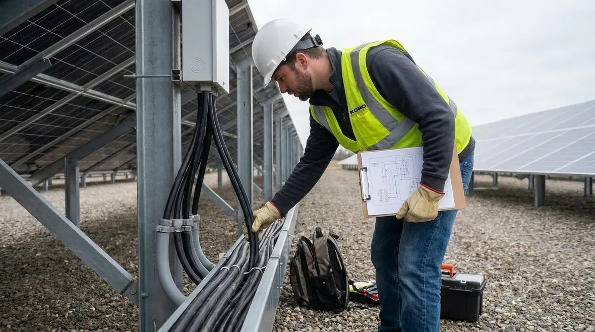 Technicians reviewing NEC-compliant PV wiring plans and connector layouts for a commercial installation