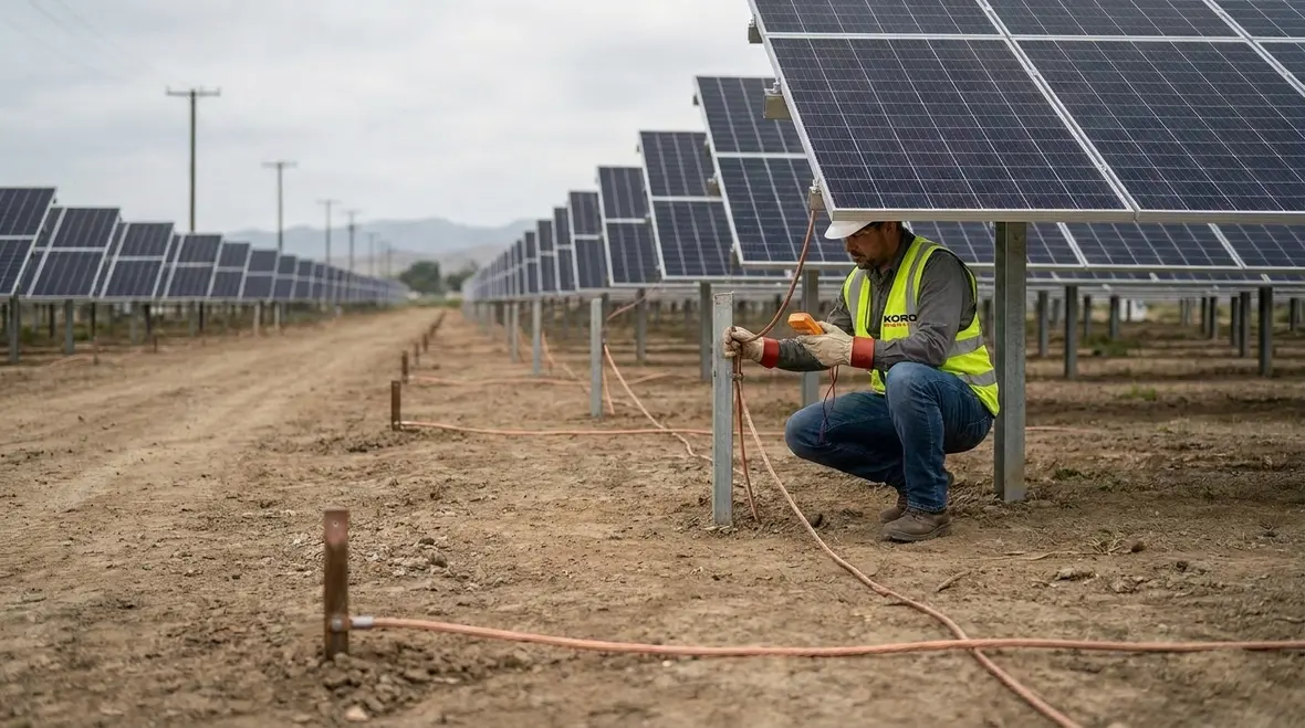 Commercial solar array with properly bonded PV frames and grounded equipment