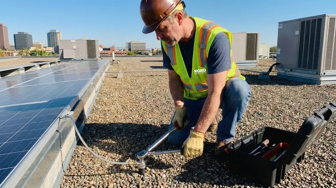 Technician inspecting NEC Section 690.43 PV equipment grounding bonding on a commercial rooftop array