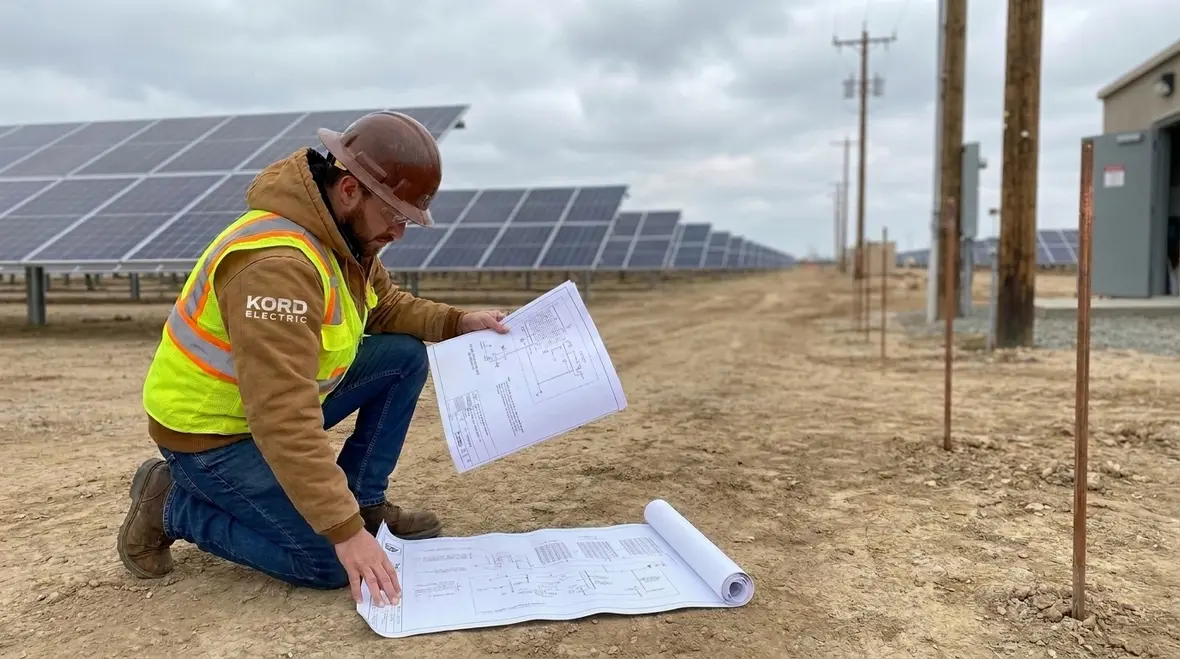 Technician inspecting PV grounding electrode conductors on a commercial installation