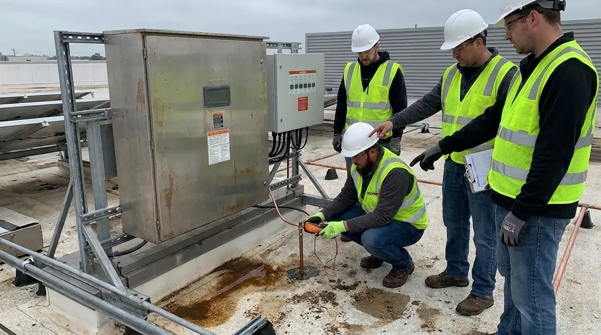 Storm over commercial facility with PV array and robust grounding and surge protection