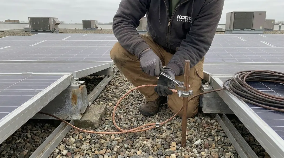 Commercial rooftop solar array with properly installed PV grounding electrode system