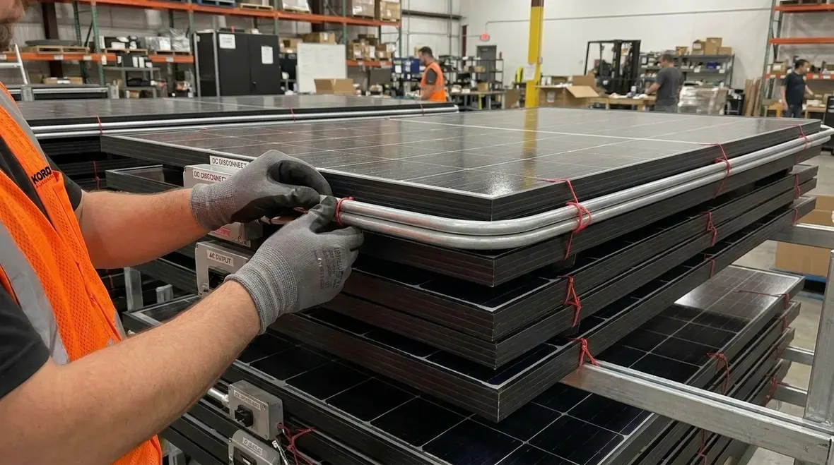 Close-up of AC PV module wiring and labeling in a commercial solar system