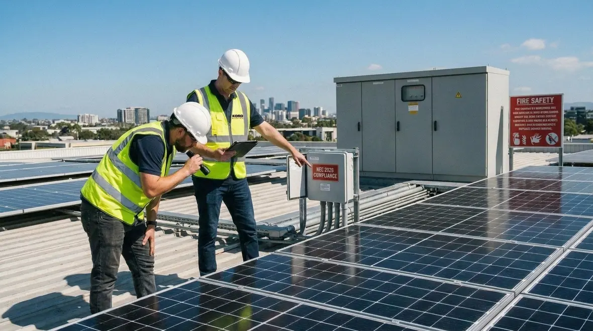 Technicians reviewing NEC 691.10 PV station fire mitigation layout on a commercial rooftop